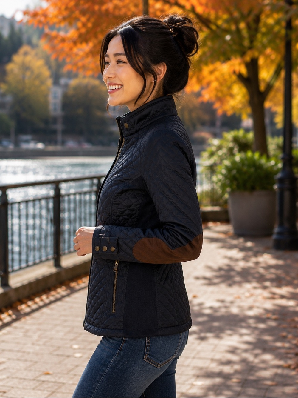 Cavalini Quilted Navy Utility Jacket with Brown Elbow Patches - Picture 4 of 9